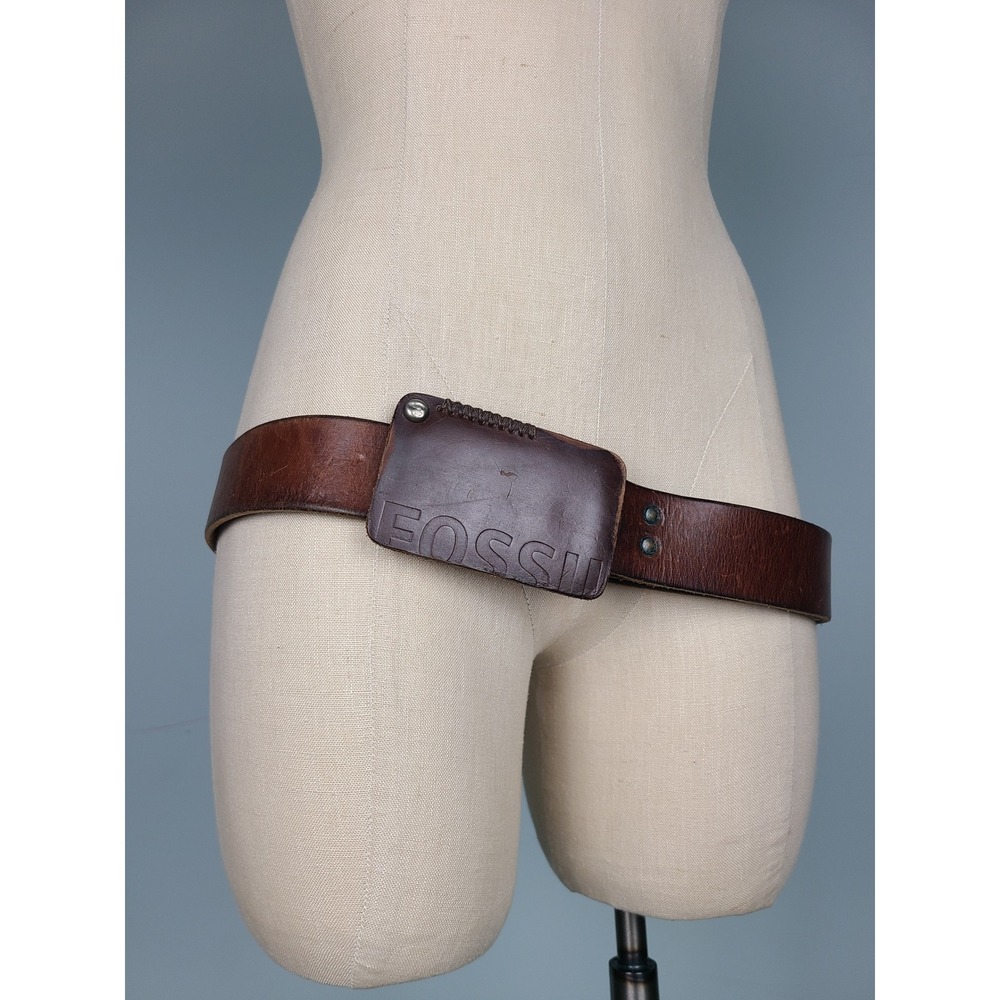 Fossil Brown Leather Belt Wide Square Logo Stamped Buckle Y2K    Streetwear